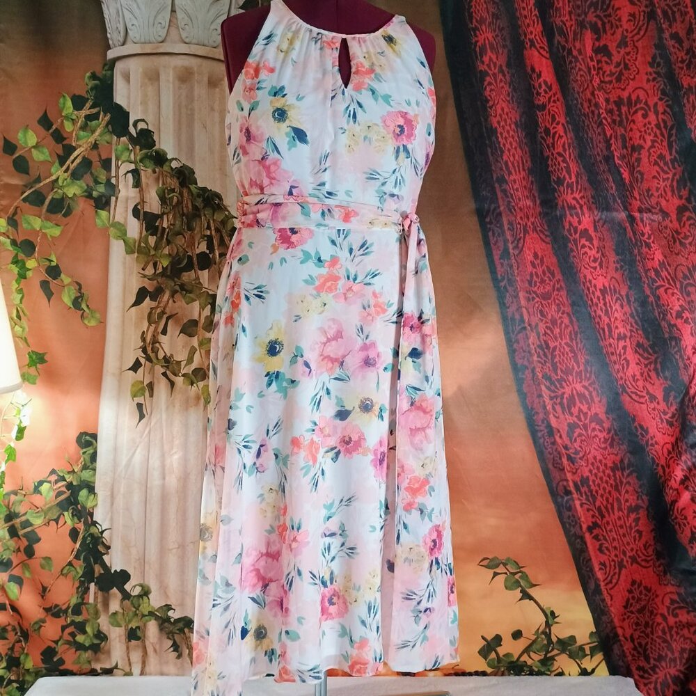 EUC: Nicole Miller Sze12 Pink & White Floral Chiffon Halter Midi Dress